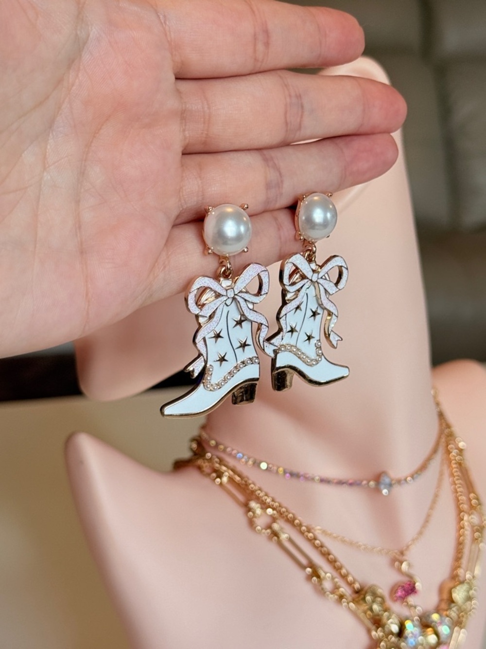 Pearl Top Blue Cowboy Boot Drop Earrings - Women Jewelry - Picture 11 of 13